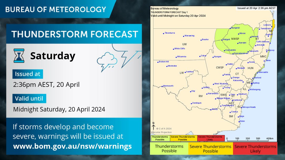 ⛈️Saturday's forecast: possible severe thunderstorms with heavy rainfall on the east coast north of Coffs Harbour, more likely overnight. Thunderstorms possible on the east coast north of Sydney and in the northern interior. Warnings if needed: bom.gov.au/nsw/warnings/