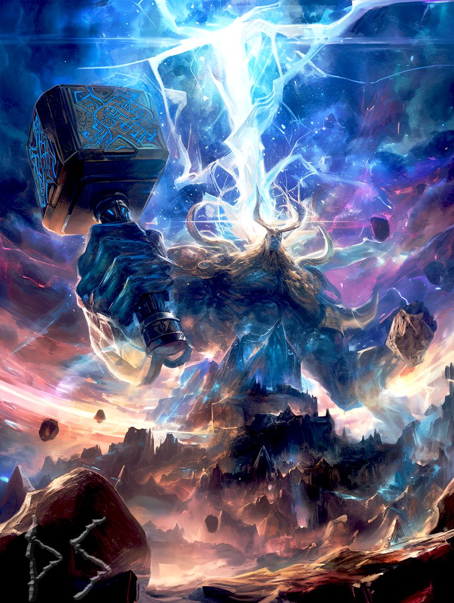 TaleOfCards's tweet image. 【ルーンから生まれるカード】
4/20のカードはソーンᚦ/シゲルᛊ

神族：「ソリディアス・テンペスタード」
　不屈の意志と知略を兼ね備えた神族。
　荒れ狂う嵐を操り、自然界のバランスを司る雷神の化身。
#AIart