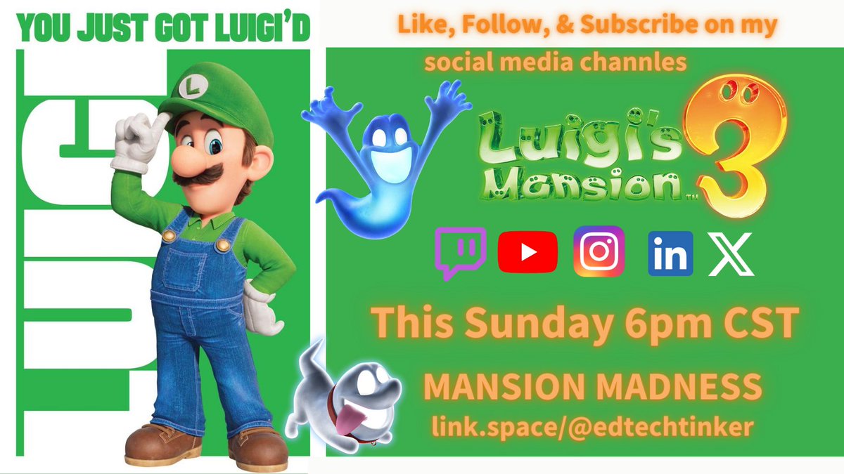 Let's get Luigi'd this Sunday at 6 pm CST on your favorite streaming/social media platform. Can't wait to hang out with you!!! link.space/@edtechtinker #digitaljoy