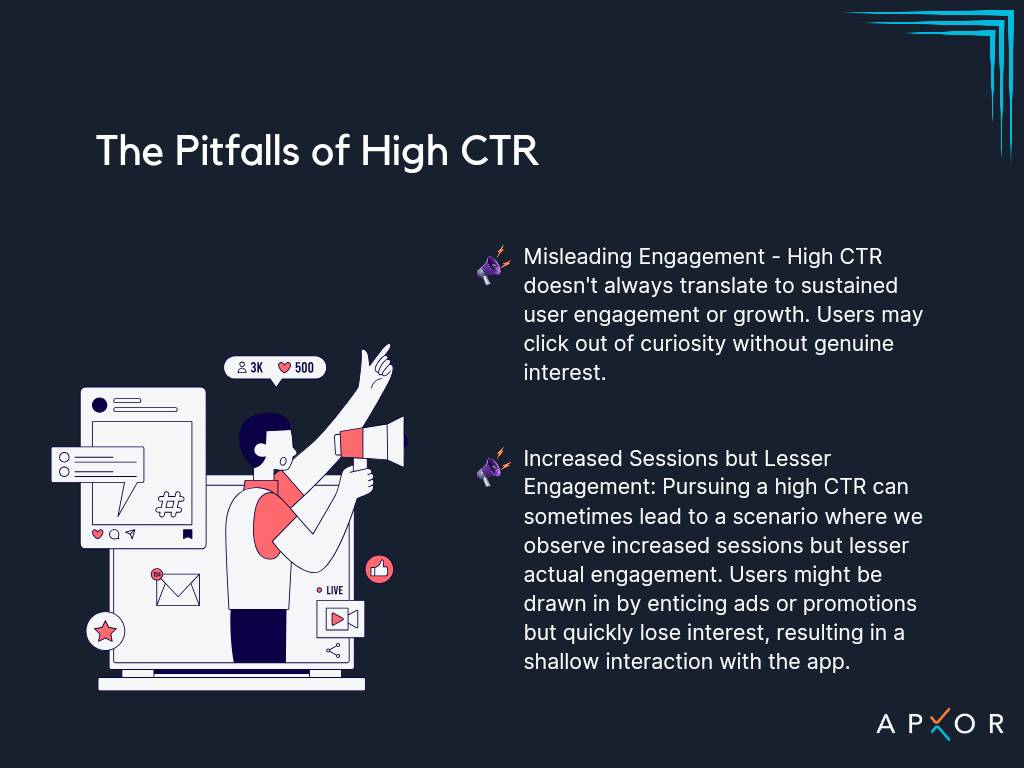 High CTR in app marketing isn't always the golden ticket. It's time to rethink our metrics beyond the click. Genuine engagement > fleeting clicks. 

#AppMarketing #CTR #Apxor #Nudges