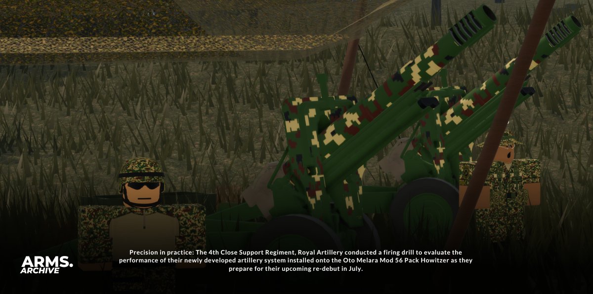 ARMS_RBX's tweet photo. Precision in practice: The 4th Close Support Regiment, Royal Artillery conducted a firing drill to evaluate the performance of their newly developed artillery system installed onto the Oto Melara Mod 56 Pack Howitzer as they prepare for their upcoming re-debut in July. https://t.co/N2BiOwTmqI
