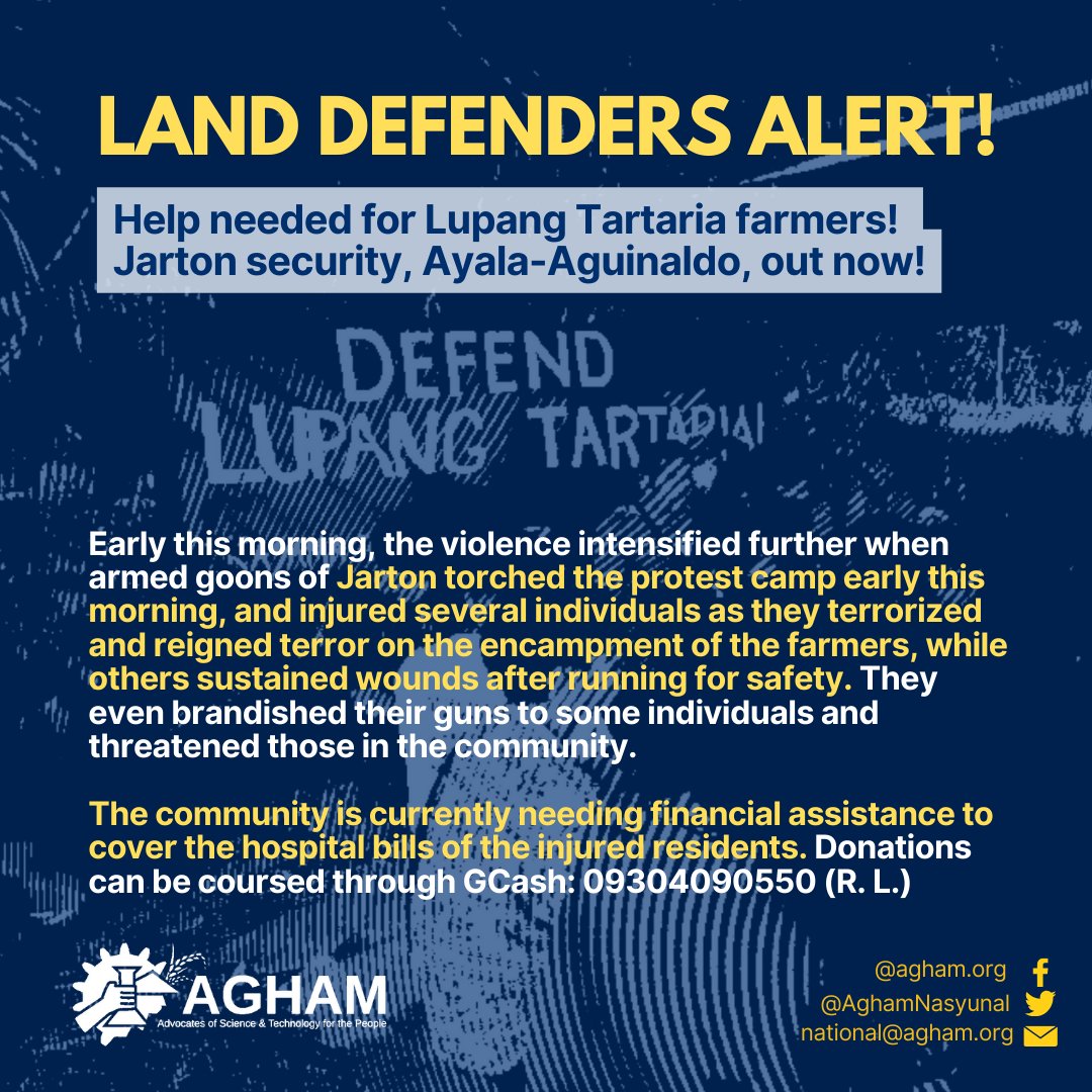 #LANDDEFENDERS #ALERT:
Help needed for Lupang Tartaria farmers! Jarton security, Ayala-Aguinaldo, out now!

Agents of the Jarton Security Agency have been causing violence on the resident-farmers of the Lupang Tartaria in Cavite. (1/n)

#DefendTheDefenders
#GenuineLandReformNow