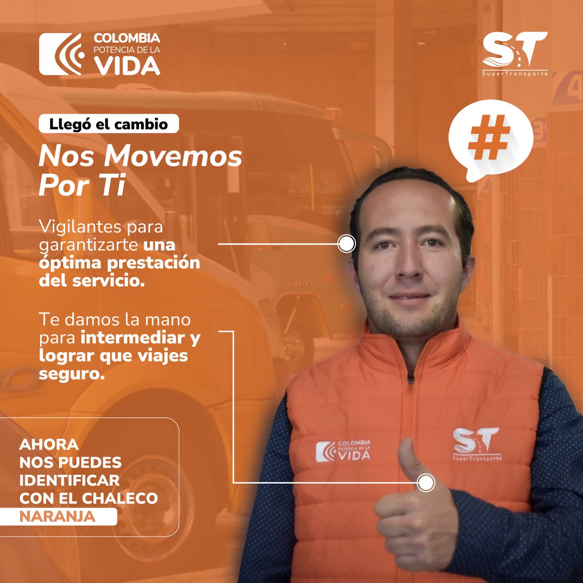 En la @SuperTransporte #NosMovemosPorTi, porque hacemos presencia en las infraestructuras del sector con el nuevo color naranja, para acompañar a los empresarios en el cumplimiento de la ley y protegemos a los usuarios.