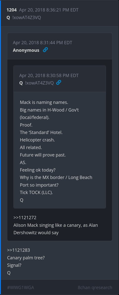 6 year Delta - >>1121272 Alison Mack singing like a canary, as Alan Dershowitz would say >>1121283 Canary palm tree? Signal?