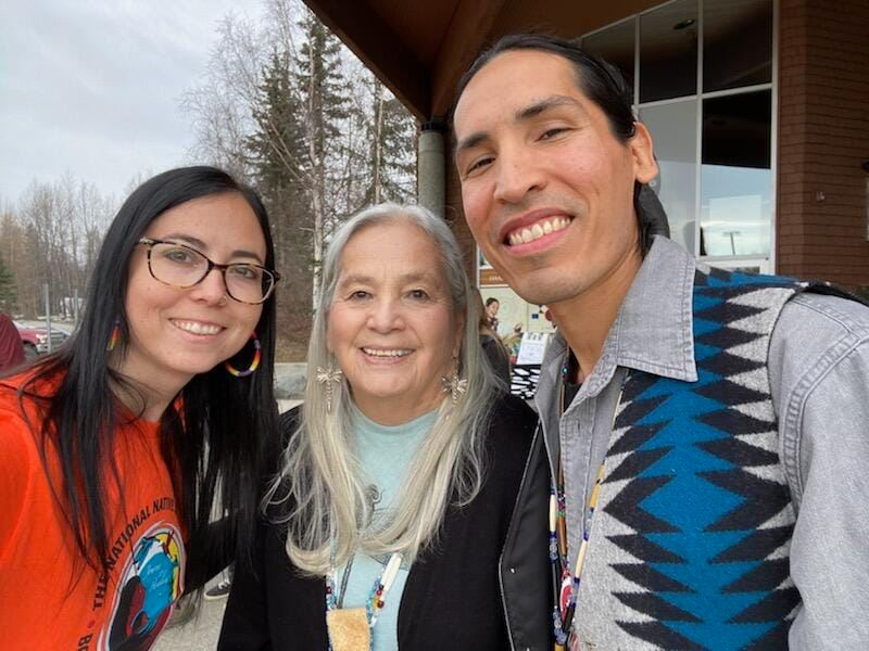 DLajimodiere's tweet image. Oral History Project historians. We interview boarding school relatives/survivors. Charlie Brissette, me, Moki Bear Eagle. #NABS #Anchorage #TruthTelling #Healilng