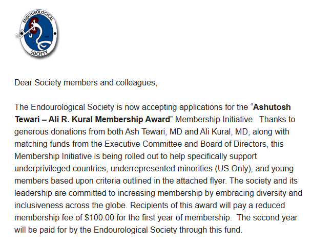 Now accepting applications for the Ashutosh Tewari – Ali R. Kural Membership Award to support underrepresented endourologists to join the Society. $100 membership for two years! If you or an endourologist you know would like to join, apply today: endourology.org/member-resourc…