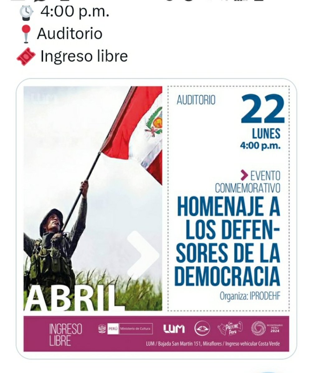 Este lunes 22 a las 4pm honraremos la memoria de todos los soldados que dieron su vida por la patria defendiendola contra las huestes de Abimael(SL)y polay(MRTA)la cita es en lugar de la memoria LUM. vieron que ese lugar no es solo de TERRUCOS.los esperamos.#Terrorismo nunca más