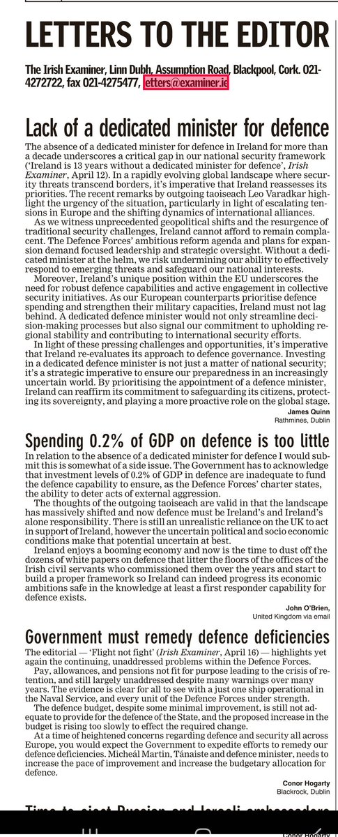 Concerns regarding defence and the @defenceforces highlighted in the letters page of today's @irishexaminer @SimonHarrisTD @MichealMartinTD @CarrollJennifer