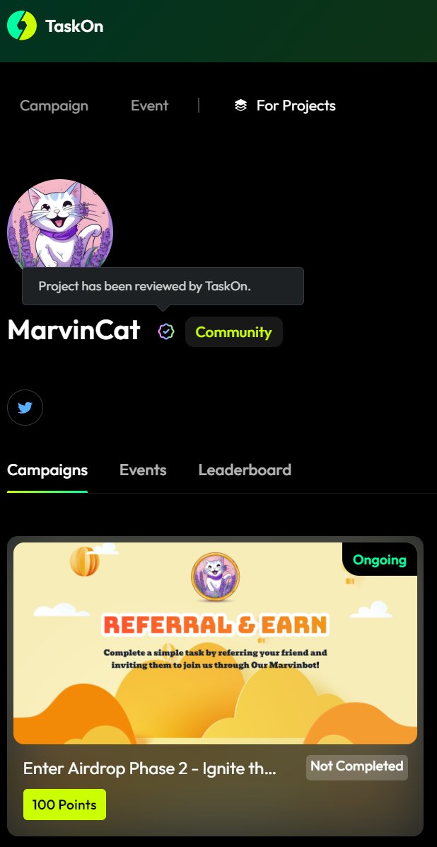 GM Marvinians! ☀️

We've been officially verified by our partner <a href="/taskonxyz/">TaskOn | Ultimate Web3 Community Growth Platform</a>!

➡️ Check out the campaign here:

taskon.xyz/campaign/detai…

Don't miss the chance to earn $MARVIN reward!🌟

#MarvinCat #Airdrop #Partnership #AirdropSeason #100xGem #binance #SolanaMemeCoins #Solana