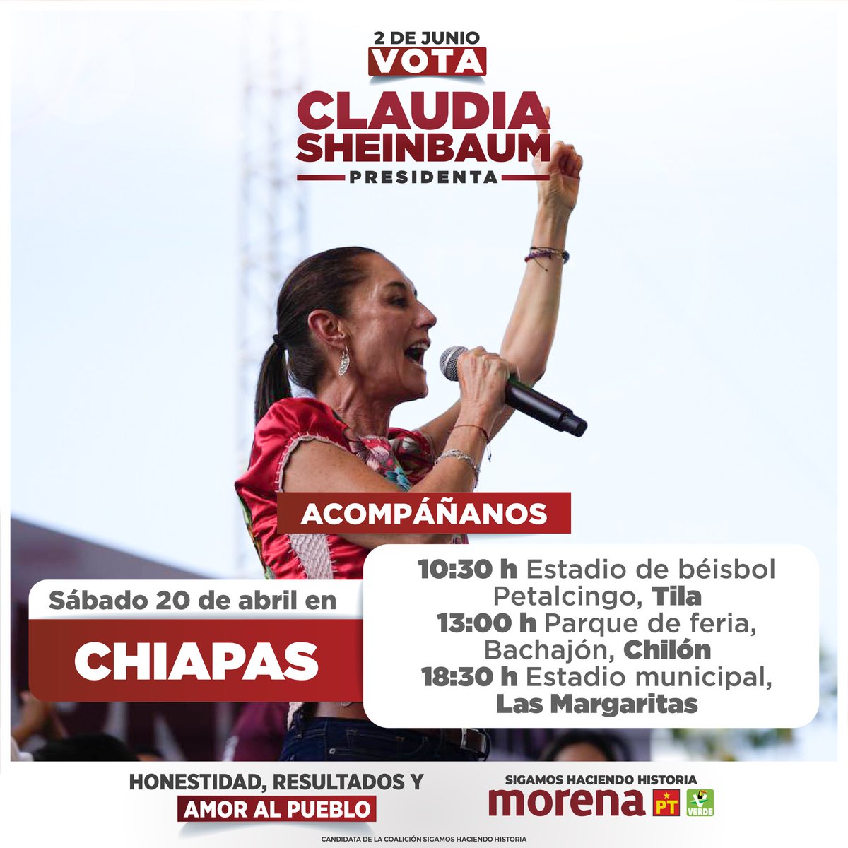 PartidoMorenaMx's tweet photo. ¡Vámonos al sureste!

Mañana escucharemos el mensaje de alegría y esperanza de nuestra futura presidenta, @claudiashein, en Chiapas.

Nos vemos desde las 10:30 hrs. https://t.co/REZl6kvZkd