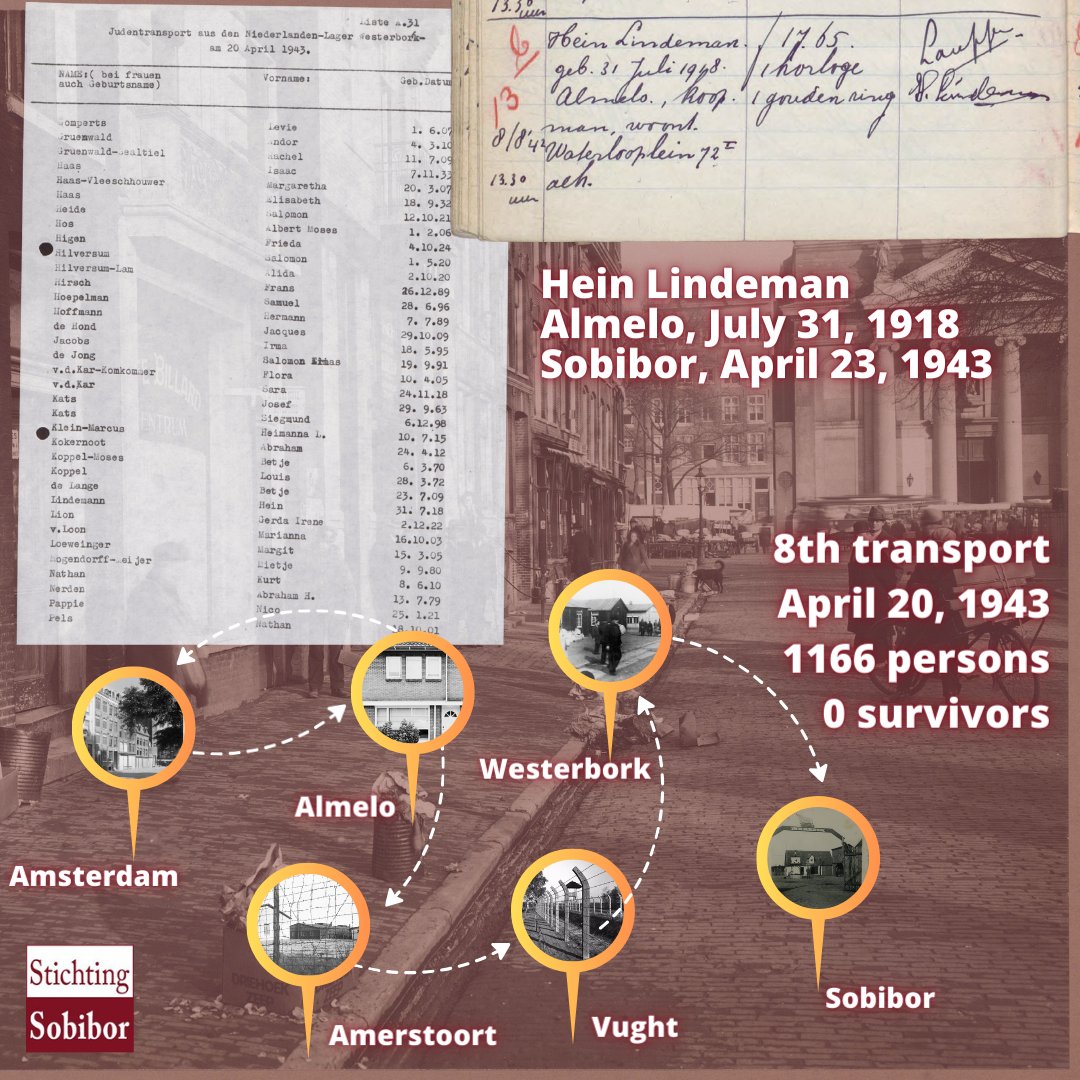 20.04.1943 | 8th transport from Westerbork to #Sobibor | 1166 deportees | 0 survivors 
One of the deportees was salesman Hein Lindeman from Almelo. He was in the Amersfoort, Vught and Westerbork camps and was murdered in Sobibor on April 23, 1943. Read his story 👇🏼1/10
