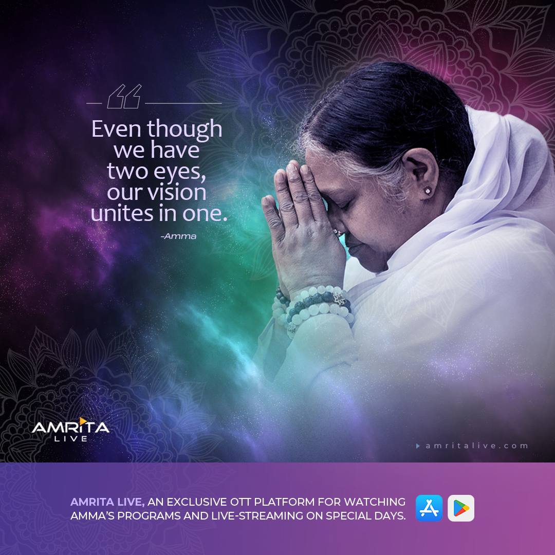 'Even though we have two eyes, our vision unites in one.'-AMMA #Amma #amritalive #MataAmritanandamayi #amritaott #spirituality #amritapuri #amritapurilive #ammaonline #ammalive #ammasdarshan #ammasspecial #embracingingtheworld #Love #compassion #huggingsaint #spreadlove #peace