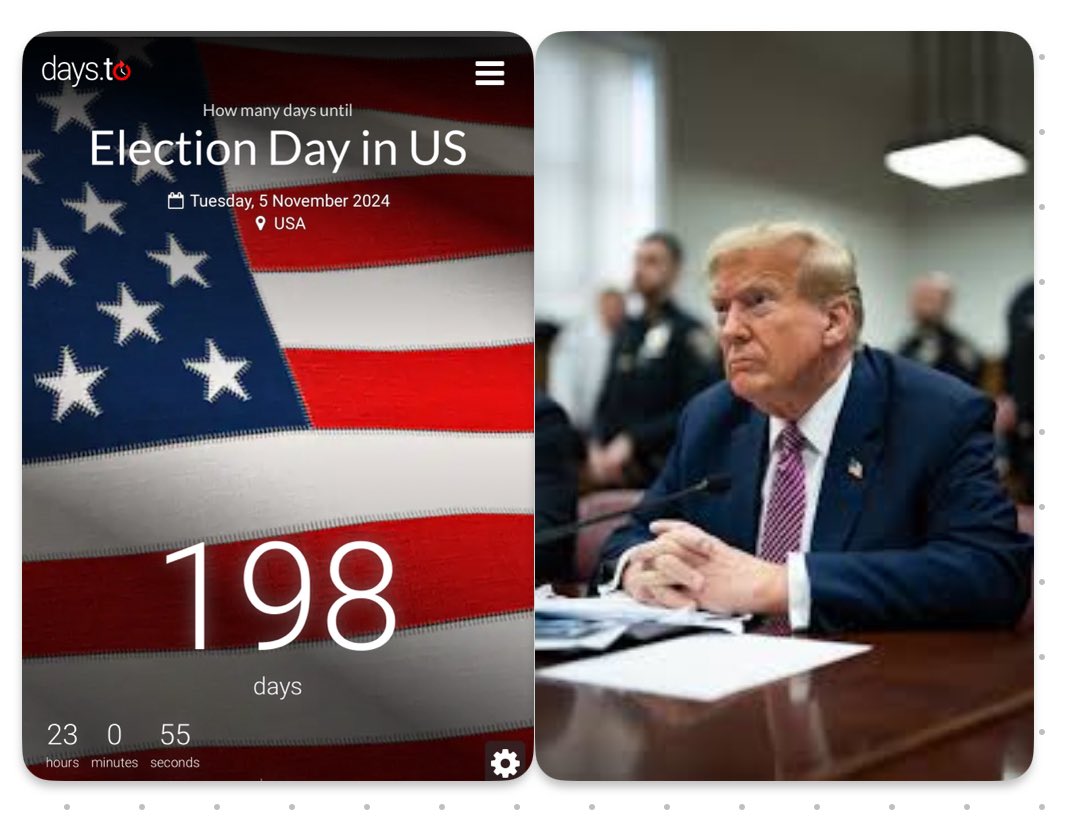 🚨198 Days Until Trump is Elected President🚨 Trump is subject to election interference like we have never seen before! This witch-hunt needs to end! #TrumpTrial 🇺🇸I Can’t Wait🇺🇸 Pass it on 👉👉