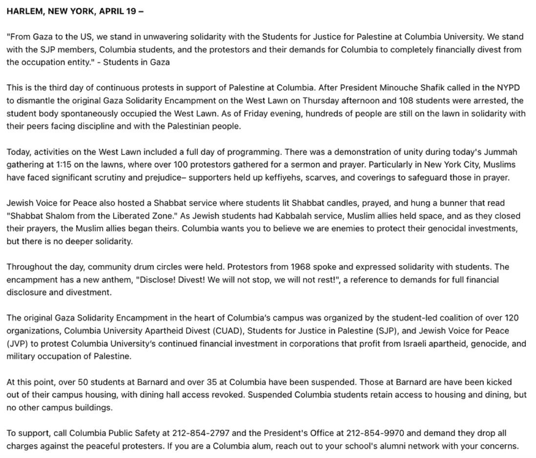 PRESS RELEASE: “Columbia wants you to believe we are enemies to protect their genocidal investments, but there is no deeper solidarity”. - 50+ Barnard & 30+ Columbia University students are suspended - Barnard students lost dining & housing #cu4palestine