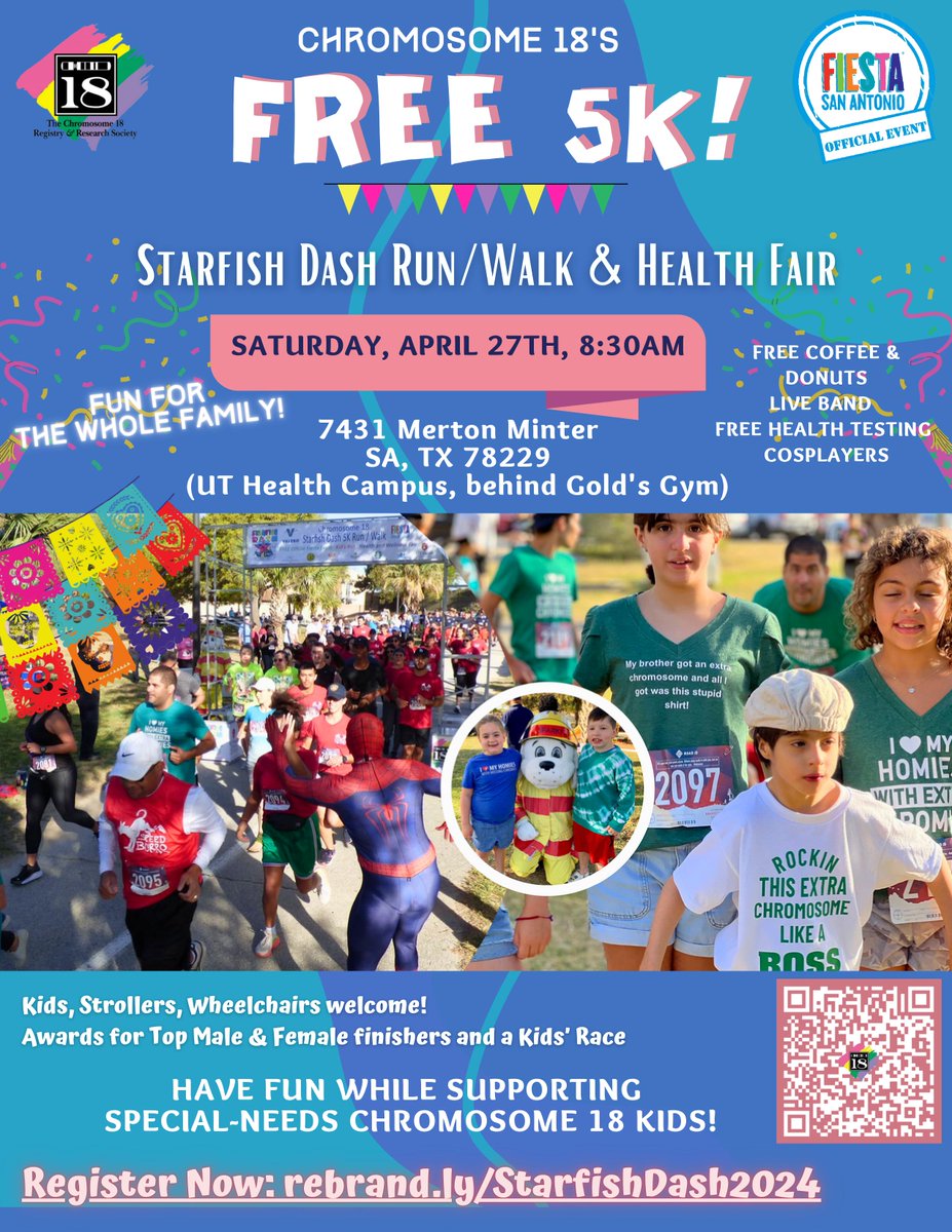 If you are looking for a fun and FREE fiesta event, join us NEXT Saturday for the @Chromosome18Reg: Starfish Dash 5k with our @ArtsAlamo students! Open to anyone! 🎉🎊

#AlamoArtsAcademy #TRLProductions #Chromosome18 #StarfishDash2024 #nonprofit #sanantoniotexas #VivaFiestaSA2024