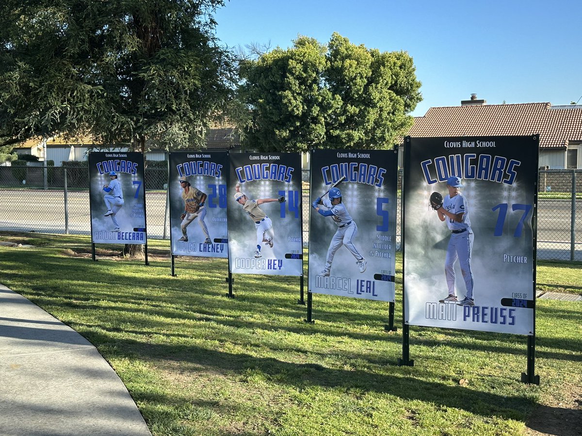Eriq_Cervantes's tweet photo. A nice tribute to the Clovis High Senior players at Merriman Field tonight. Here's to hoping these senior banners remain on display for the rest of the season. Your dedication and hard work truly deserve this recognition. 🎓⚾️ #SeniorNight #ClovisHigh #TRACbaseball #Clovishighbaseball #clovis