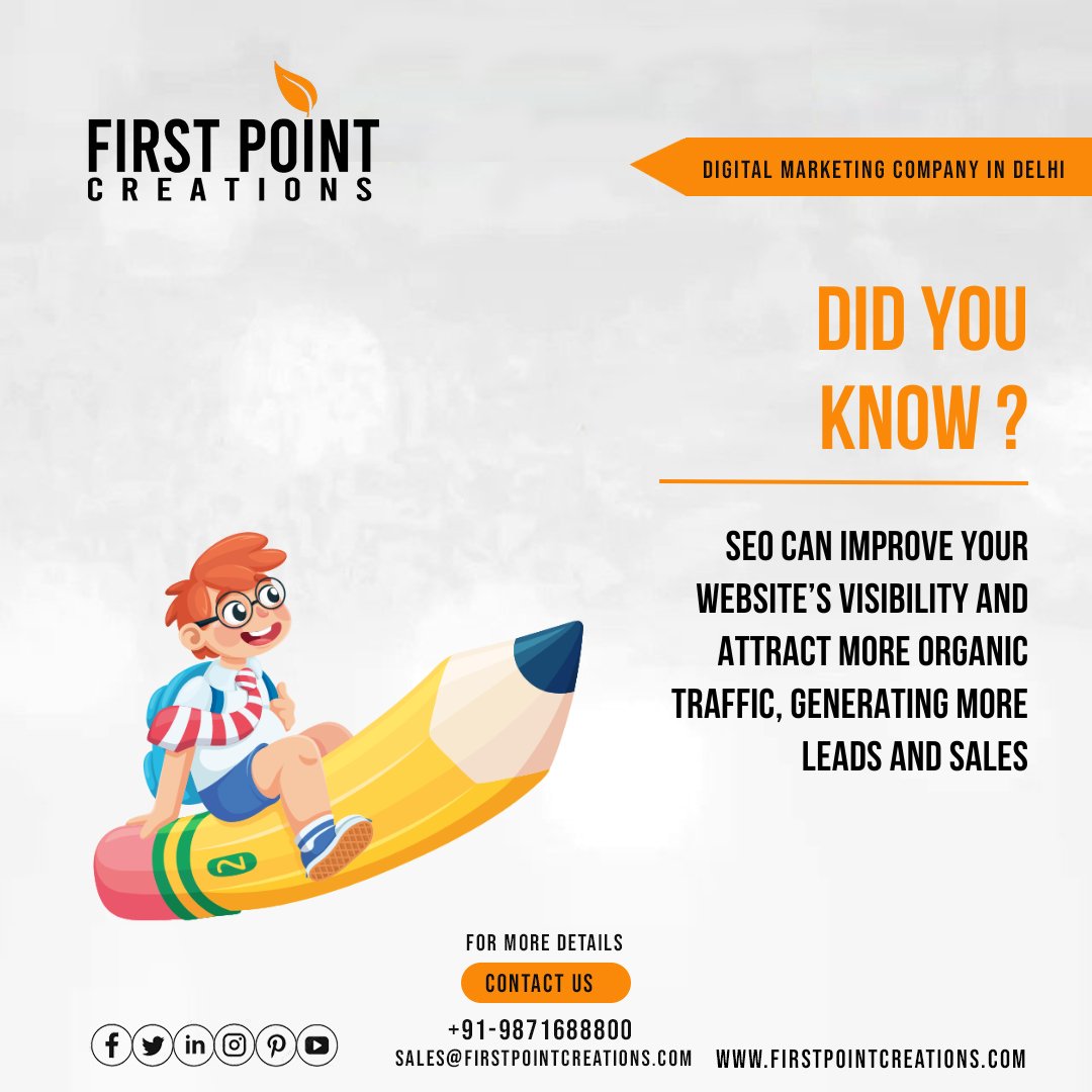 SEO can improve your website’s visibility and attract more organic traffic, generating more leads and sales. . FOLLOW US @firstpointcreations Contact Details: ☎ +91 9871688800 | +91 (11) 41552455 🌐 firstpointcreations.com 📧 Email: sales@firstpointcreations.com . . #didyouknow