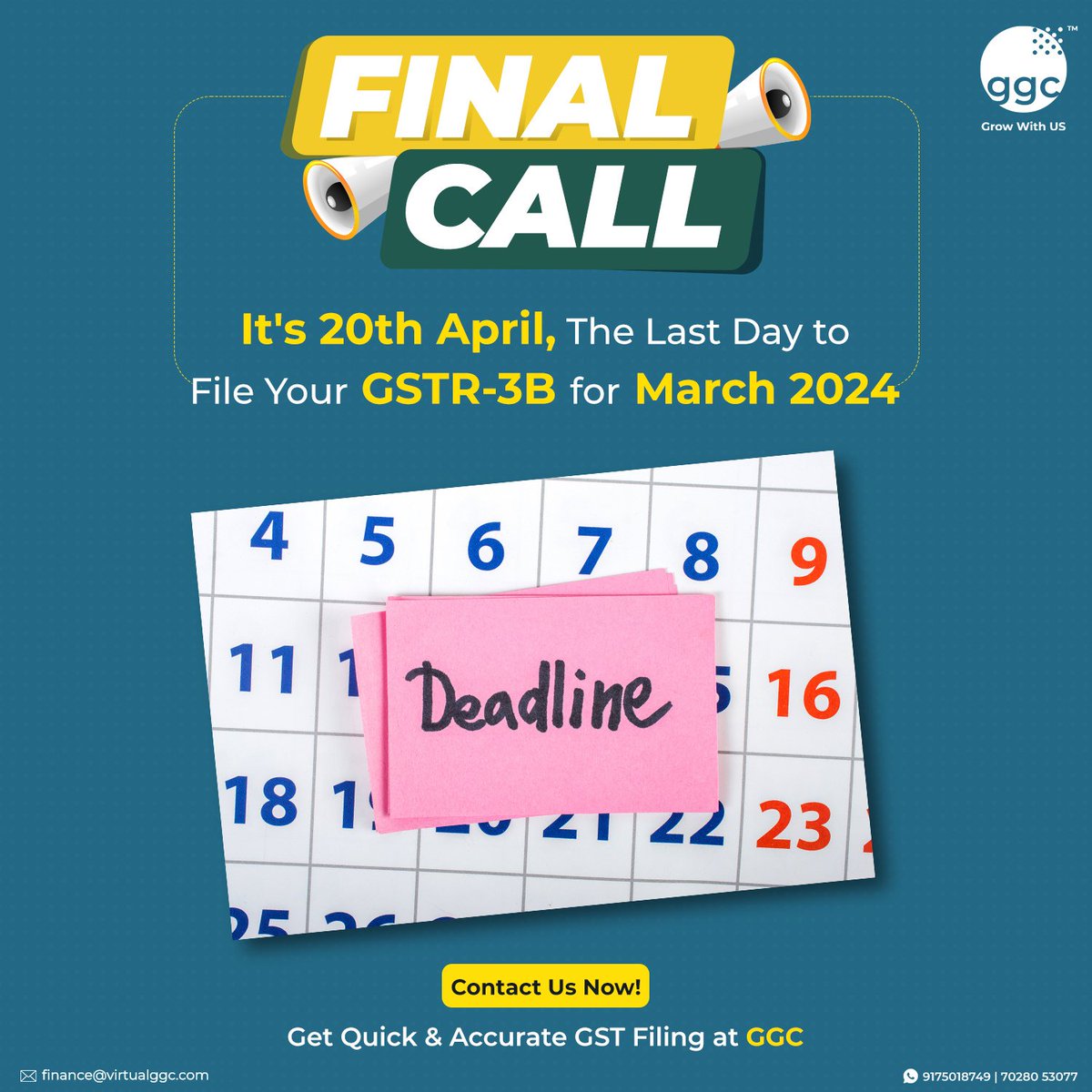 VirtualGGC's tweet photo. โฐ Time is ticking! Partner with GGC and get your GSTR-3B filed โ it's the LAST DAY!
Contact us:
๐ https://t.co/cD7m2W8g4i
โ contact@virtualggc.com
๐ 9175018749/ 7028053077
#GSTDeadline #TaxTime #GGCExperts #SeamlessFiling #TaxHelp #GGCServices #ContactGGC #virtualggc https://t.co/lH7Qzoxsmp