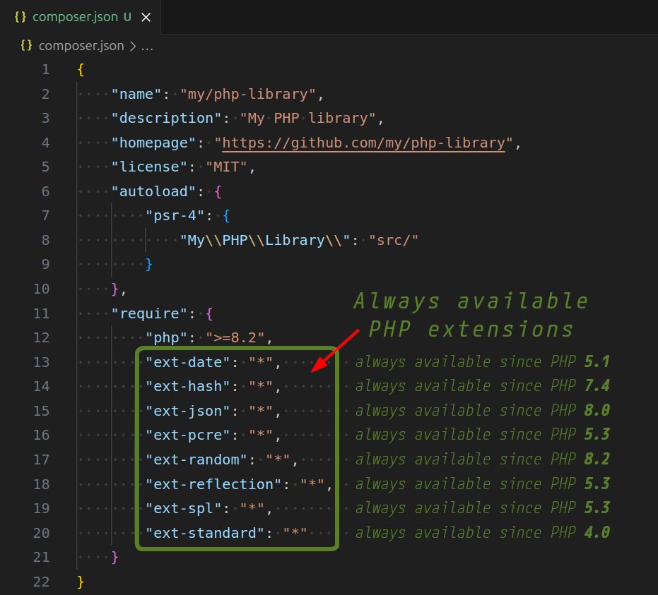 peter_kokot's tweet image. 💡 A quick PHP tip: Any of these extensions listed in composer.json can be simply removed as they are always available.

All other used extensions should be specified, so developer is aware to install them. For example, ext-mbstring.