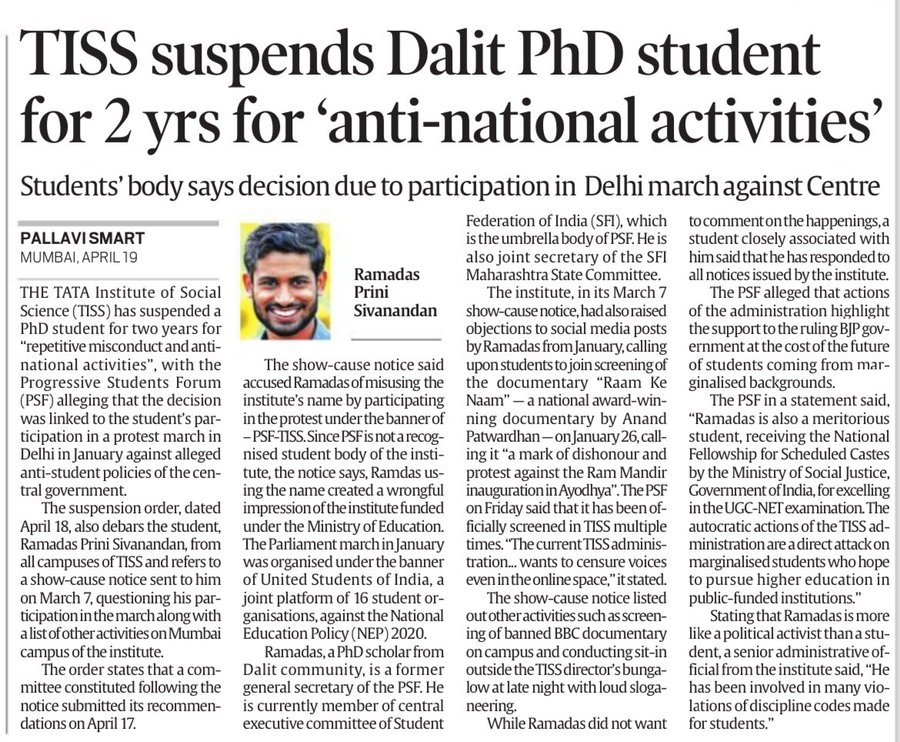 The foremost social work institute - TISS - has suspended a Dalit student for 'anti-national activities', because he participated in a protest against GoI on its various policies. Wow. Freedom of Speech being destroyed before our eyes. Shame on TISS.
#TISS #Article19