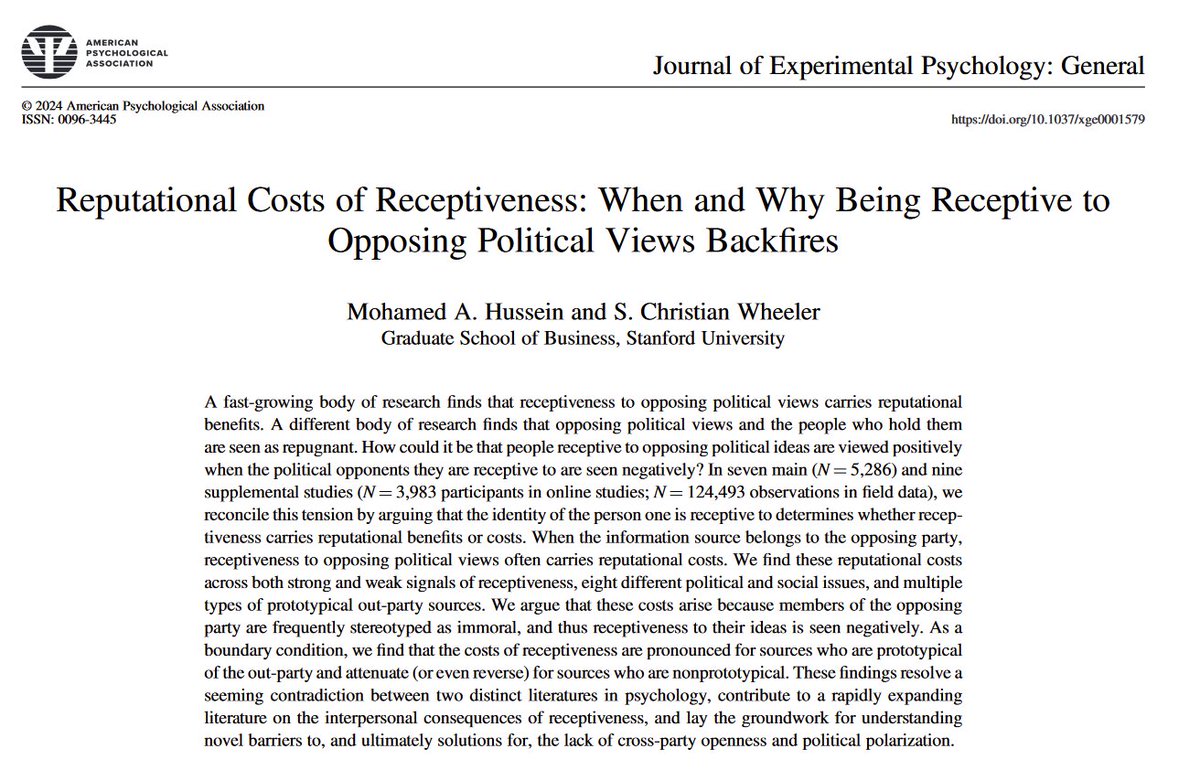 New paper out in JEP:GEN @APA How do we react to people who are receptive to opposing political views?