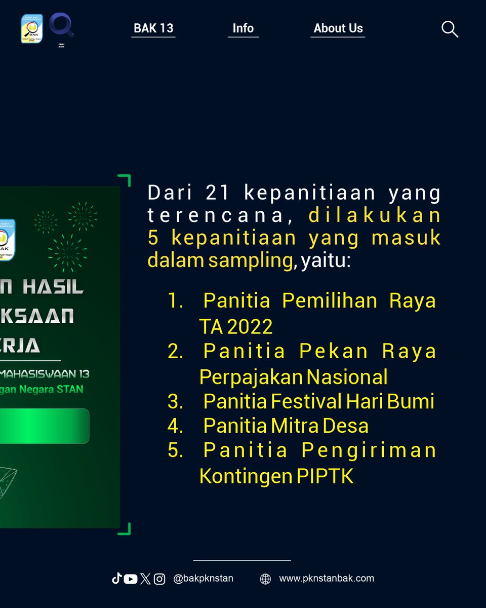 bakpknstan's tweet photo. [PELAKSANAAN AUDIT KINERJA ATAS KEPANITIAAN BADAN KELENGKAPAN KM PKN STAN TA 2023]
BAK telah melakukan Audit Kinerja atas Kepanitiaan yang dilaksanakan oleh Badan Kelengkapan KM PKN STAN TA 2023
Dari 21 kepanitiaan yang terencana dilakukan 5 kepanitiaan yang masuk dalam sampling. https://t.co/u4znnbQdp0