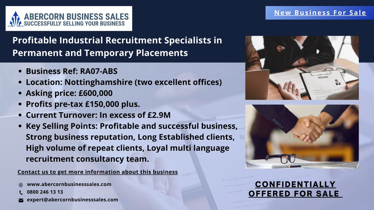 Business For Sale (RA07-ABS) : Profitable Industrial Recruitment Specialists in Permanent and Temporary Placements.

Link: abercornbusinesssales.com/memorandum/ind…

#RecruitmentSpecialistsBusinessesForSale #BusinessesForSale #BuyingBusiness #SellaBusiness #FreeBusinessValuation #NoUpFront