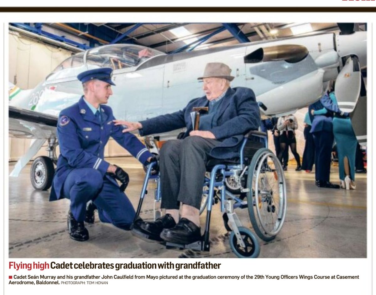 A nice picture from today's @IrishTimes of events held yesterday at Baldonnell with Cadet Sean Murray graduating as part of the 29th Young officers' wings course, with his grandfather in attendance. Well done all. @IrishAirCorps @defenceforces
