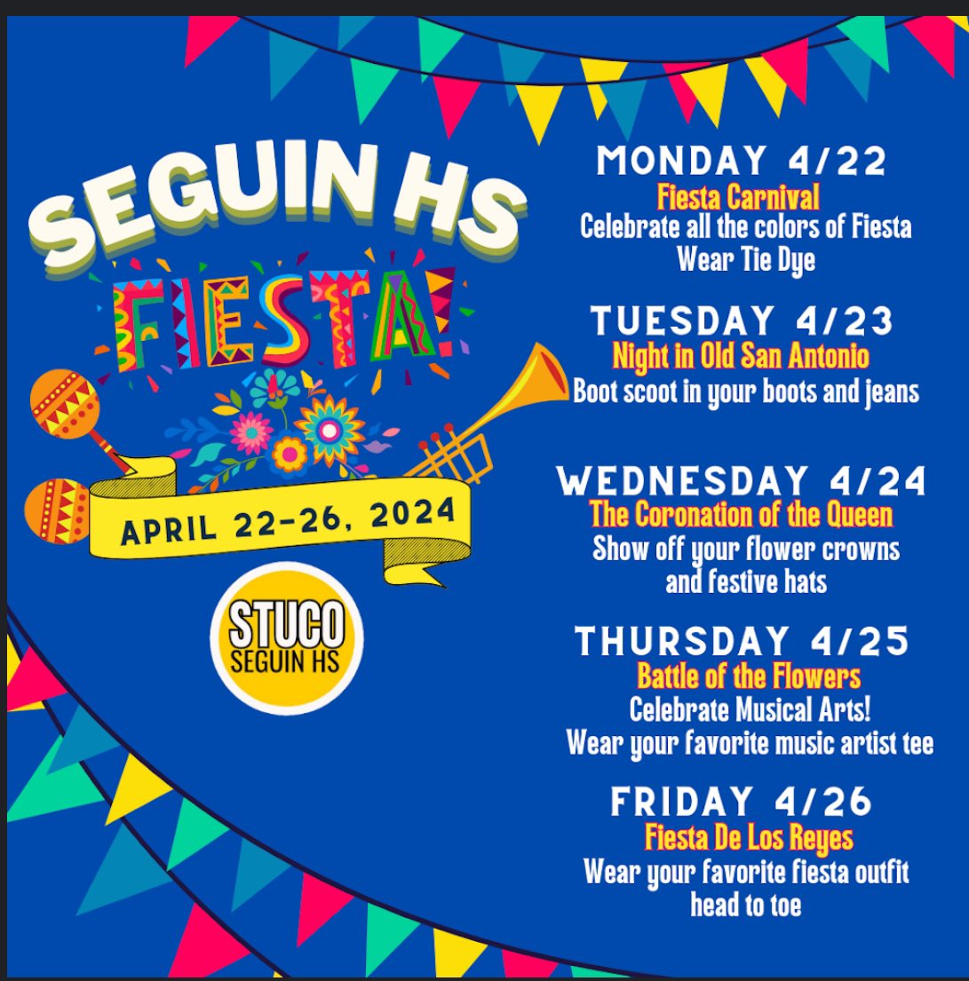 SHS Matadors- Let’s Fiesta! Check out the Fiesta Spirit Week sponsored by SHS Student Council for April 22-26.