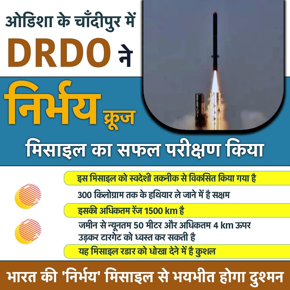 ओडिशा के चांदीपुर में DRDO ने स्वदेशी तकनीक से विकसित निर्भय क्रूज मिसाइल का सफल परीक्षण किया , 300 किलोग्राम तक के हथियार ले जाने में है सक्षम, इसकी अधिकतम रेंज 1500 km है।