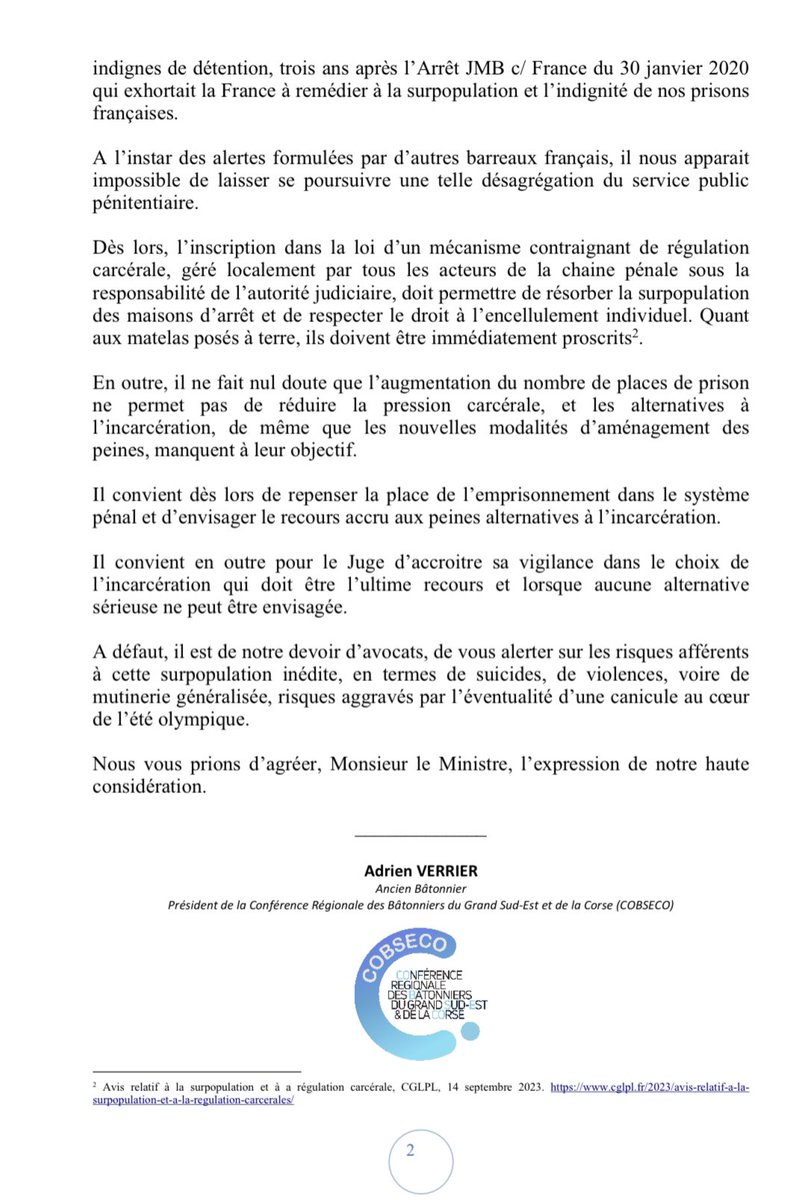cobseco's tweet photo. Lettre ouverte de la COBSECO au Garde des Sceaux sur la surpopulation carcérale. https://t.co/Al96KiYXrk