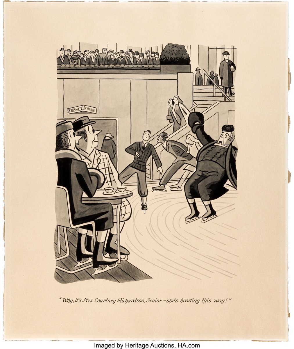 'Why, it's Mrs. Courtney Richardson, Senior—she's heading this way!'
Original art
The New Yorker, February 12, 1944 
Peter Arno:  Skating in Rockefeller Center attemptedbloggery.blogspot.com/2024/04/peter-… #PeterArno #TheNewYorker