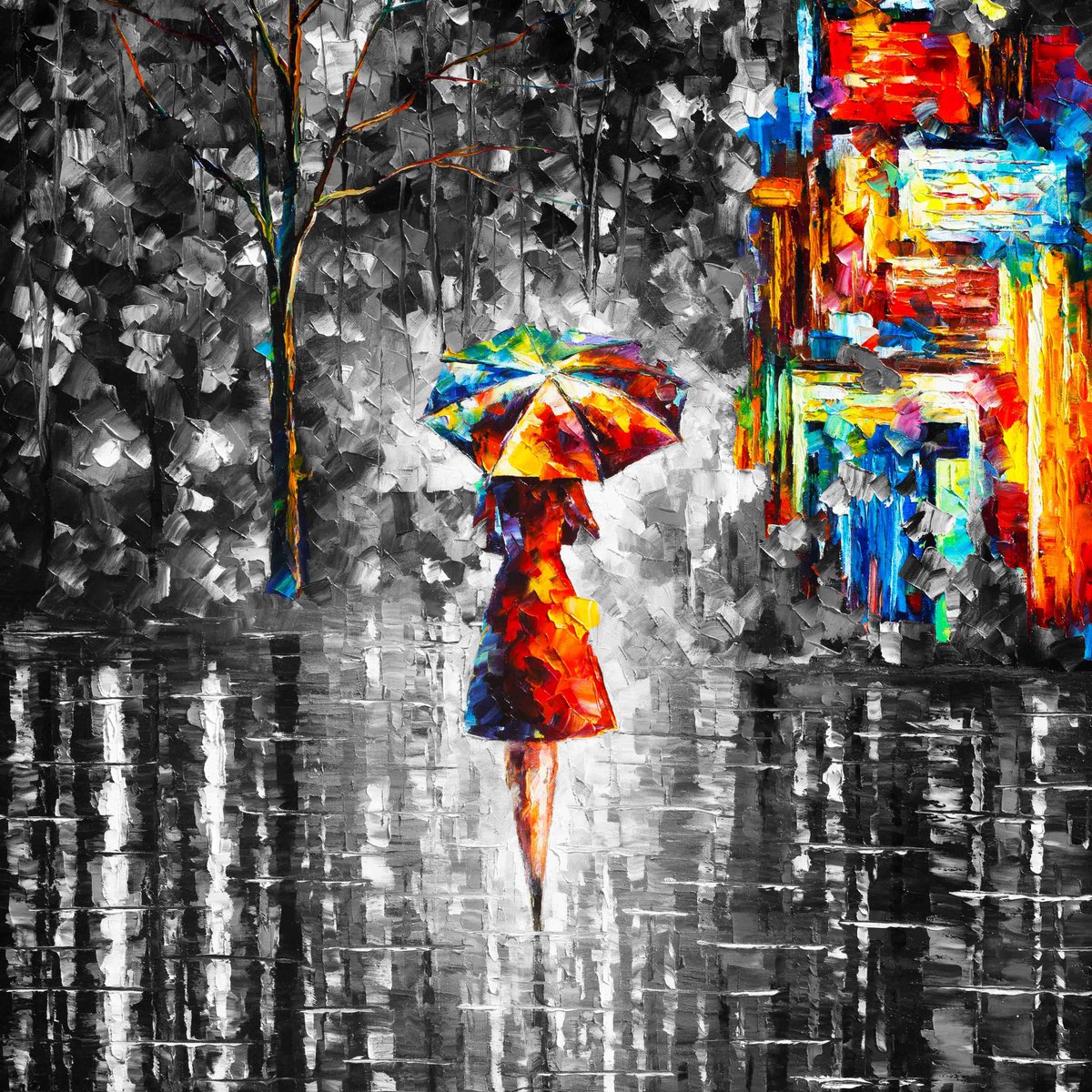 RAIN PRINCESS B&W - Large-Size Original Oil Painting ON CANVAS by Leonid Afremov (not mixed-media, print, or recreation artwork). 100% unique hand-painted painting. Today's price is $99 including shipping. COA provided afremov.com/rain-princess-…