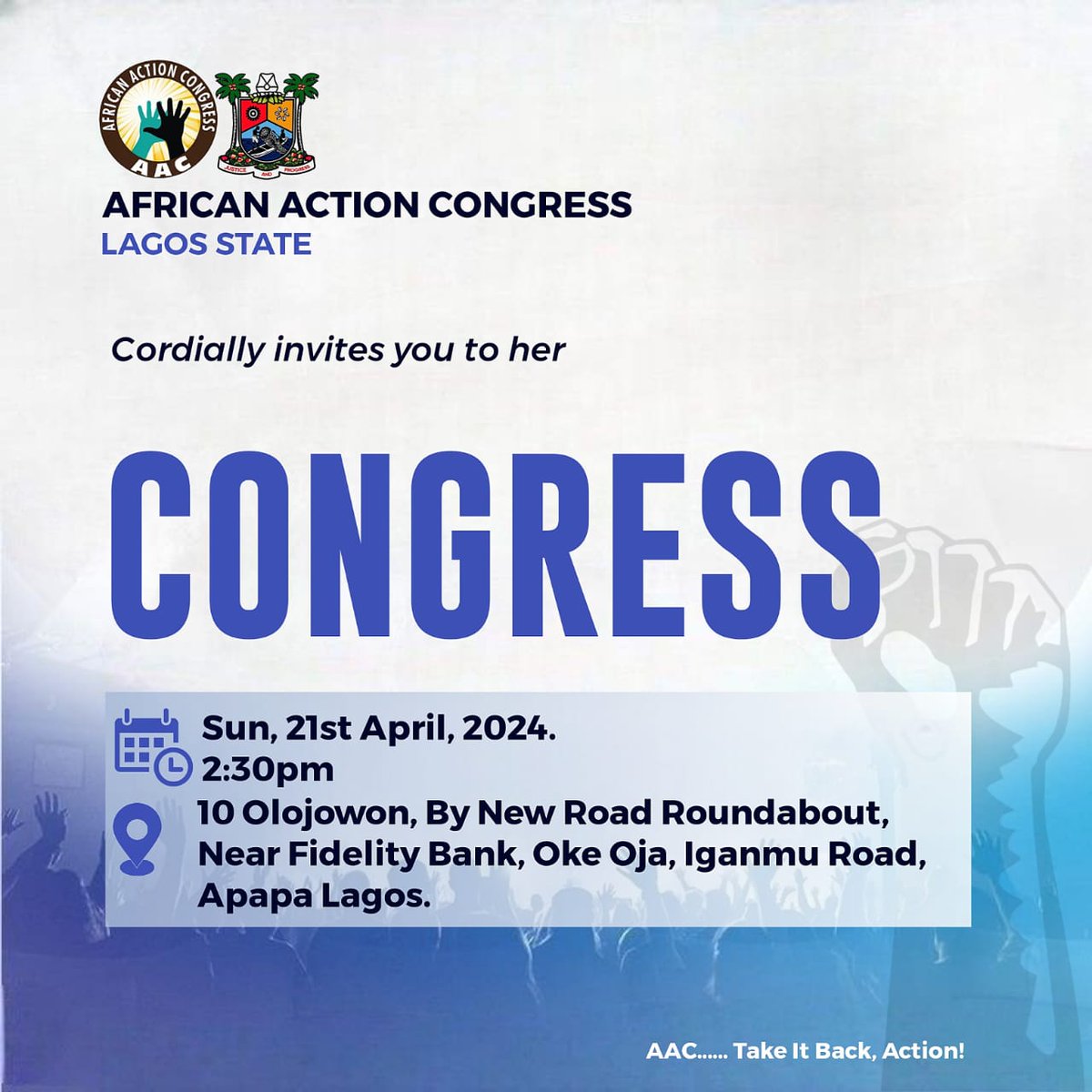 It is Tomorrow.

I would be there.

Just like Tunde, #AACParty is breaking records. We are intentional about getting this country working again.

Join us.
#RevolutionNow
#WeCantContinuelikethis
Guinness World Record