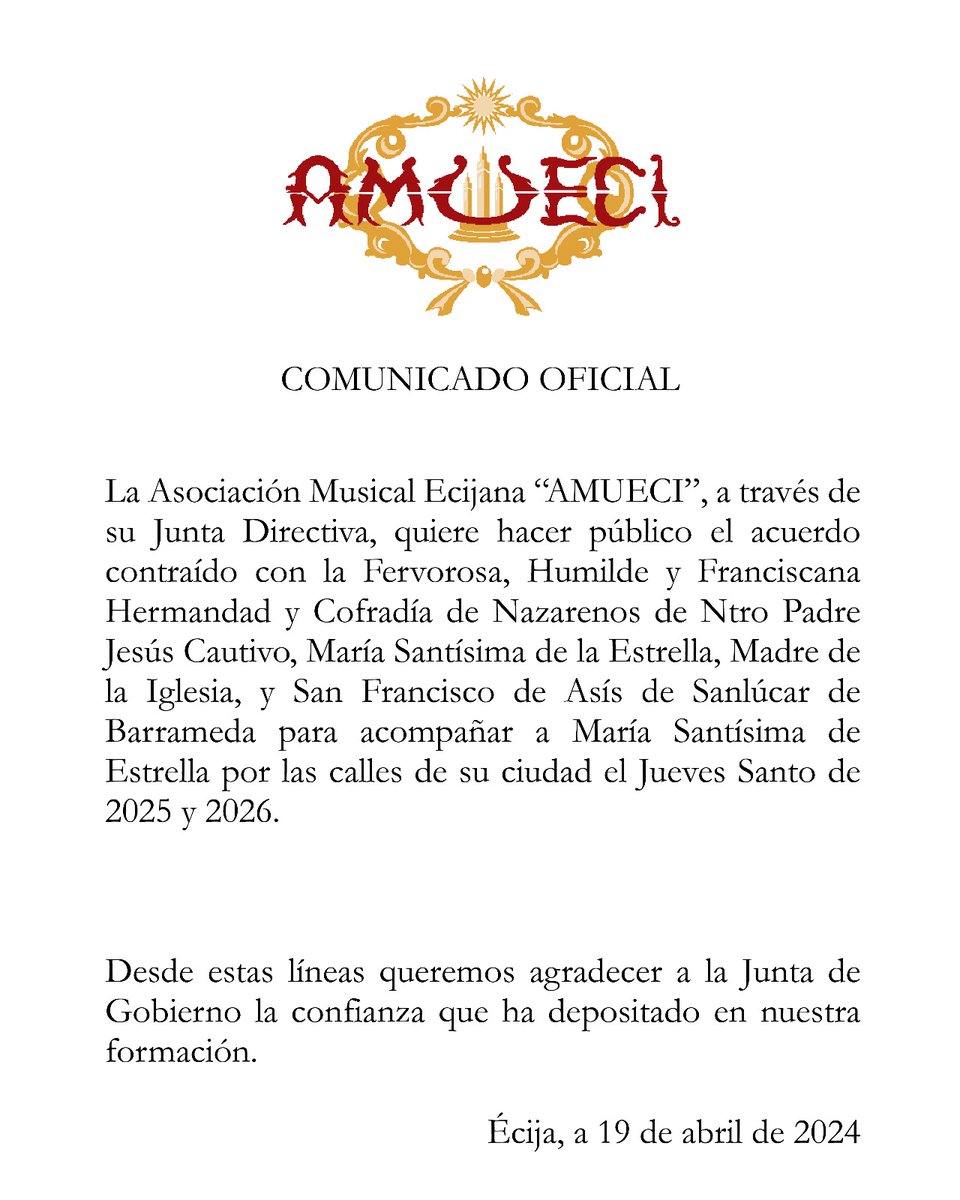 🔵 𝗡𝗼𝘁𝗶𝗰𝗶𝗮 | La <a href="/hdadcaut_estre/">Hermandad del Cautivo - Sanlúcar de Barrameda</a> y la <a href="/BandaAMUECI/">Banda de Música AMUECI</a>, llegan a un acuerdo, para acompañar musicalmente, a María Santísima de la Estrella el próximo Jueves Santo 2025.

#Cabildo24