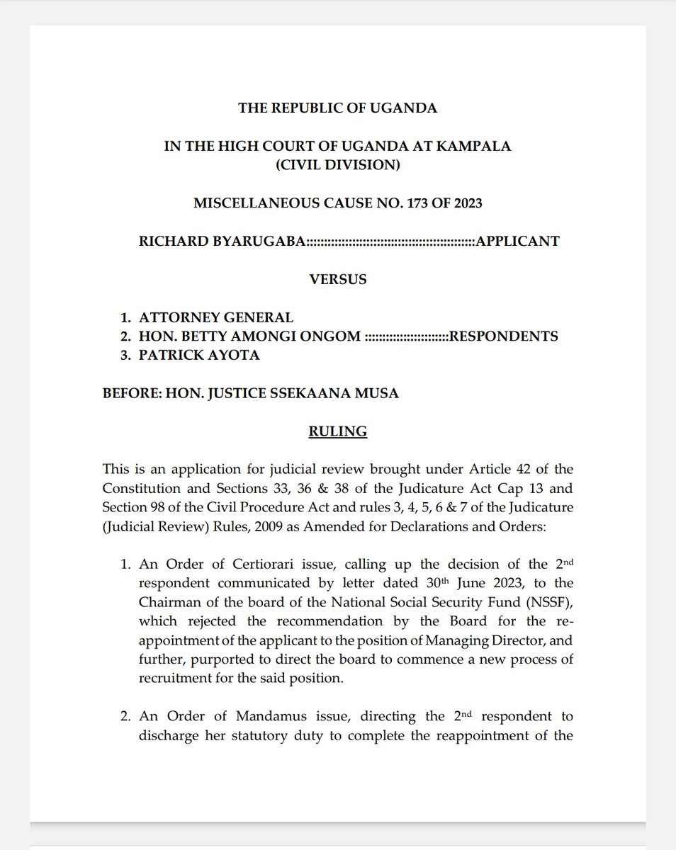 #JudicialReview
#RightToAjustAndFairHearing
#LegitimateExpectationConcept
📌A decision making authority is the best judge of a situation and Court will not easily presume abuse of misuse of power.= Per Ssekaana Musa J. 
📍 Byarugaba V A.G & 2 Ors M.C No.173 of 2023 [19.04.2024]