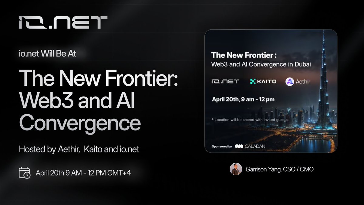 ionet's tweet photo. https://t.co/ZuybGWvjv9, @_kaitoai and @AethirCloud are co-hosting The New Frontier: Web3 and AI Convergence, sponsored by @caladanxyz, during @token2049 in Dubai!

https://t.co/ZuybGWvjv9 CSO/CMO @0xHushky will join the panel at The New Frontier to discuss the convergence of AI and Web3, highlighting their transformative potential to revolutionize the industry.

https://t.co/TeimwihIlM