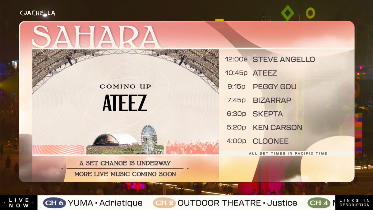 zhouang1024's tweet photo. ATEEZ Coming Up on SAHARA Stage
🔗: https://t.co/ZWJskrcCio

#ATEEZatCoachella #Coachella 
@ATEEZofficial #ATEEZ #에이티즈 https://t.co/H94OuJh9aU