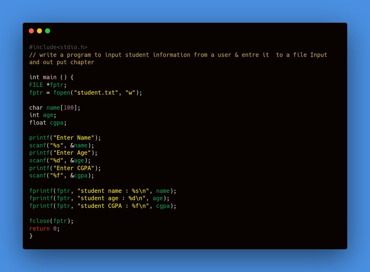 n4itr0_07's tweet image. 𝗛𝗲𝗹𝗹𝗼 𝗙𝗼𝗹𝗸𝘀 👋🏻
Day 13/25 Of #25DaysOfCode In #C
📝 Topic Covered Today
🔹Some basic questions.
🔹File input and output, operation and types, opening closing modes.
🔹 Dynamic Memory Allocation, Functions.
#100daysofcodechallenge #webdeveloper #SoftwareDeveloper