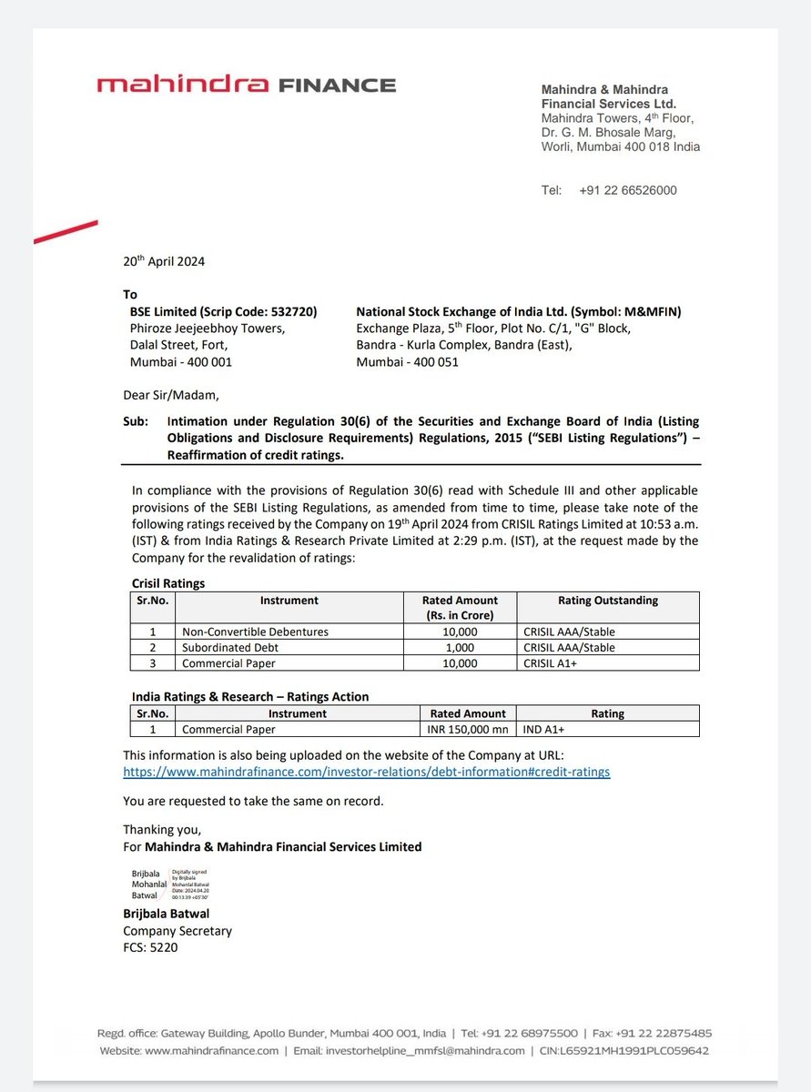stockarrr's tweet photo. 📈 Stability in #MahindraFinance ratings! #CRISIL and India Ratings affirm AAA/Stable and A1+ ratings. A testament to financial robustness. #CreditRating #StableFuture https://t.co/tXjtqh39RD