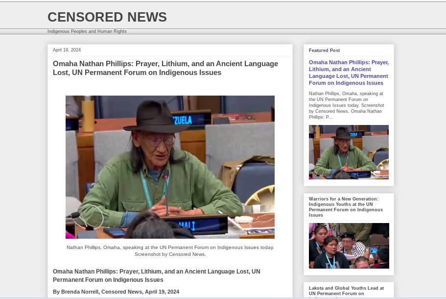 Today's Censored News: Omaha Nathan Phillips: Prayer, Lithium, and an Ancient Language Lost, UN Permanent Forum on Indigenous Issues. facebook.com/profile.php?id…