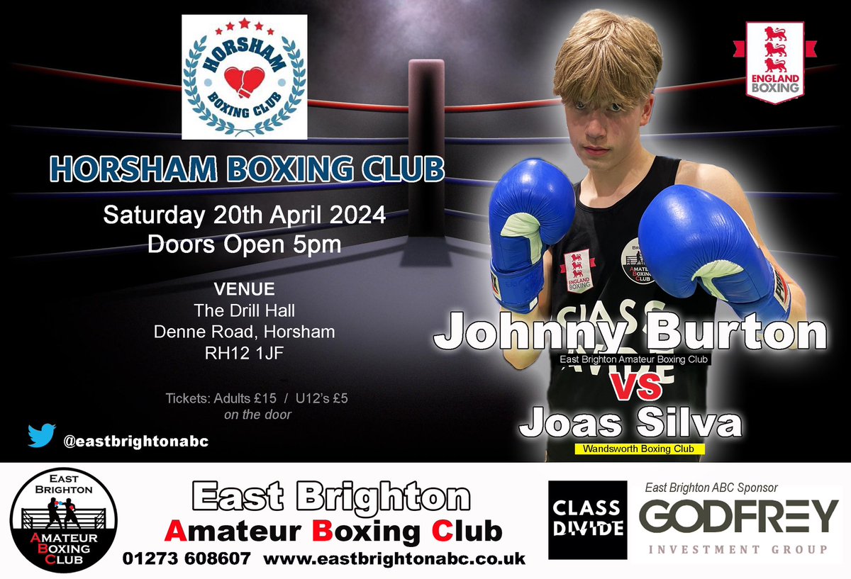 Boxing tonight for <a href="/EastBrightonABC/">East Brighton ABC</a> is Johnny Burton. This is Johnny’s 2nd bout, this time with <a href="/Wandsworthbox/">Wandsworth Boxing Club</a> Joas Silva. All the action will take place tonight on Horsham’s Boxing Show. Doors open at 5pm. <a href="/godfrey_living/">Godfrey Living</a> @crewclub