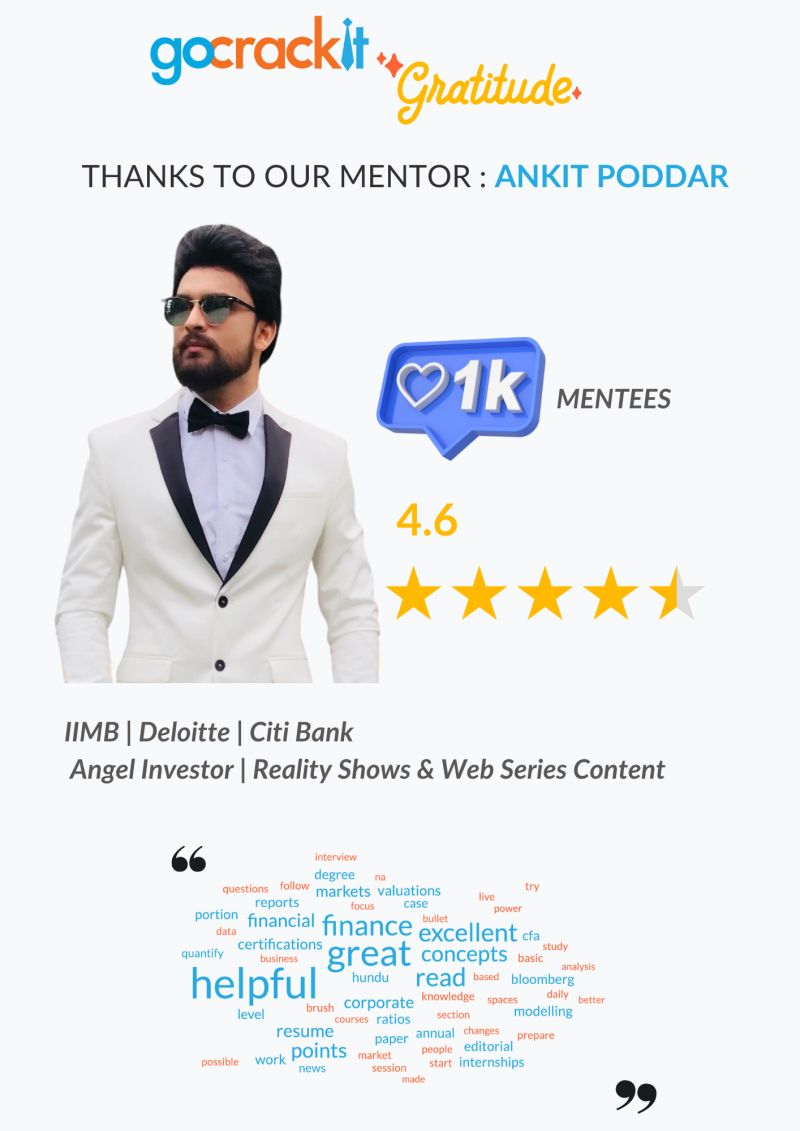 Today, we want to express our heartfelt gratitude to our amazing mentor, Ankkit Poddar, for his outstanding work and dedication to our mentees. He has helped over 1000 people (with a super rating of 4.6 out of 5) Thanks a ton, Ankkit! #Mentorship #Gratitude