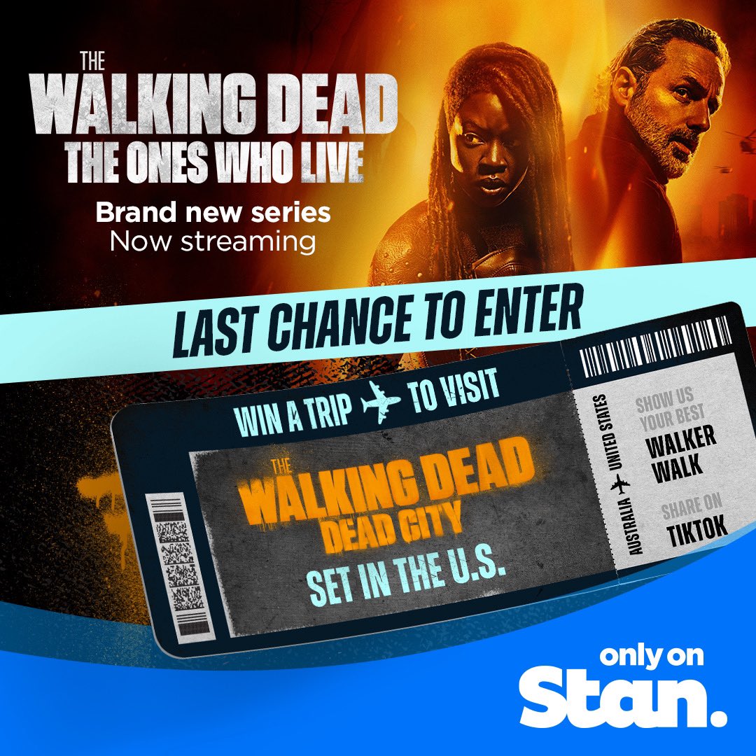 It’s your last chance to enter our #TWDonStan competition on TikTok! Show us your best walker walk to be in the running to win a trip to the U.S. to visit The Walking Dead: Dead City set. T&C’s apply. #TheWalkingDead: The Ones Who Live is now streaming, only on Stan.