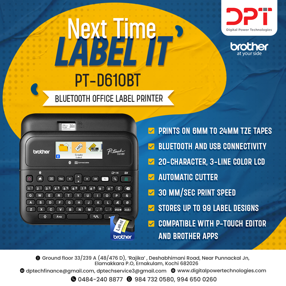 High-speed printing capability and the option to connect to text in a Microsoft Excel spreadsheet, you can efficiently print numerous labels in one go!

To know more details contact us.
🌐 digitalpowertechnologies.com
📲 +91-9847320580

#PTD610BT #DigitalPowerTechnologies #Labels