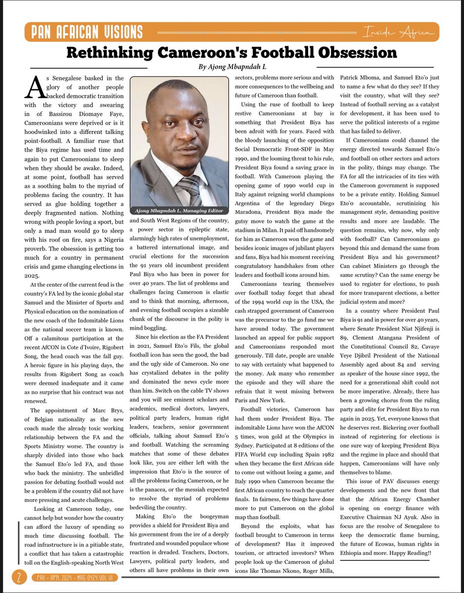 Get the latest edition of the @Panafricvisions Magazine with this issue focusing on A Pivot to Energy Financing for NJ Ayuk “Africa Week 2024 is going to be a blockbuster,” NJ Ayuk, tells PAV in the interview. Get the soft copy 👇 panafricanvisions.com/wp-content/upl…