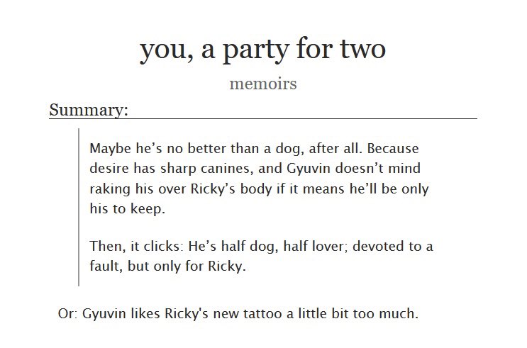 you, a party for two
- gyubrik
- explicit, 3.2k (complete)
- handjobs, breeding kink, ricky waist tattoo……

🩷 archiveofourown.org/works/55311775