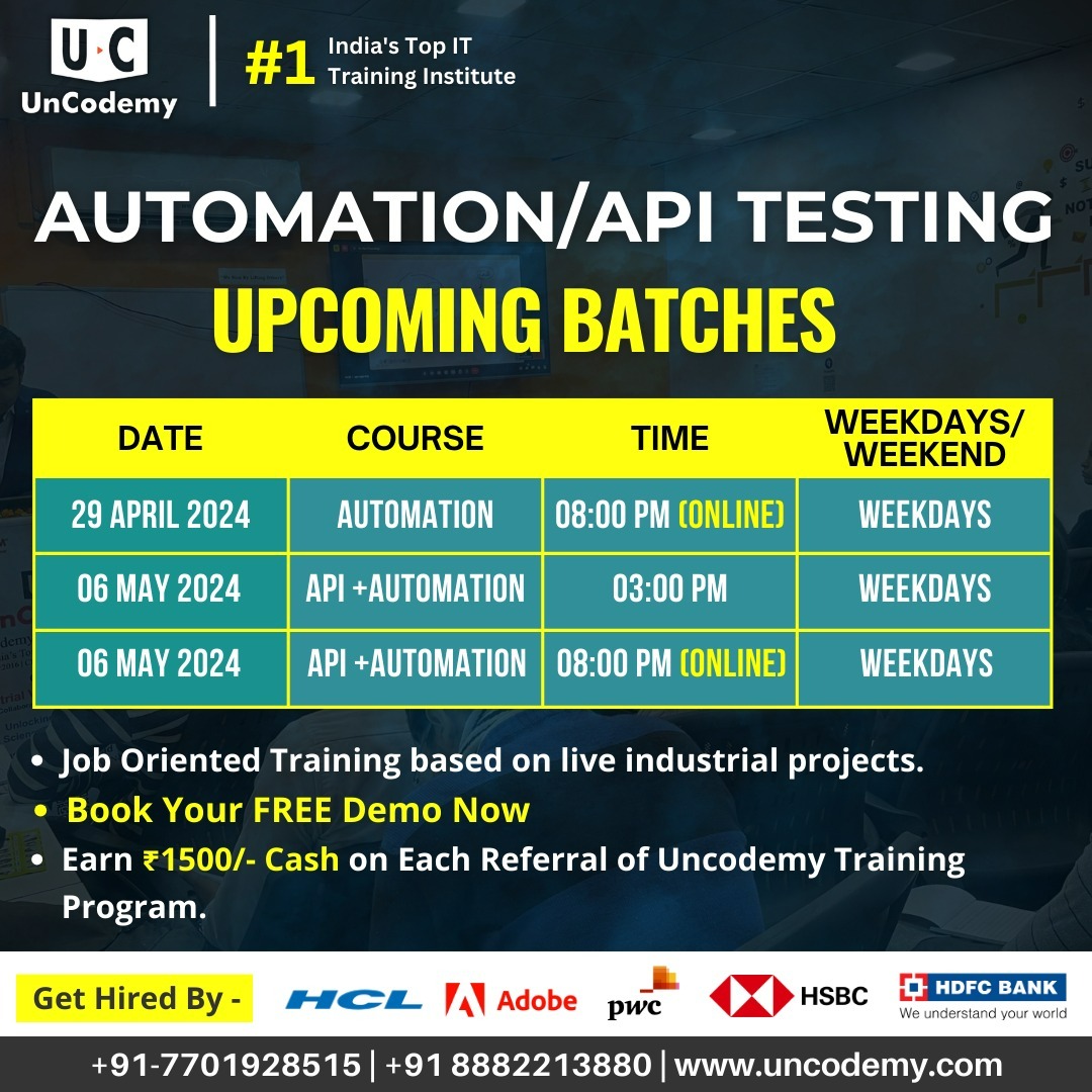 Upcoming batches on automation API testing by UnCodemy offer comprehensive training to master API testing techniques and tools. Join now!
.
#SoftwareTesting #QA #AutomationTesting #APItesting #Programming #Development #TechEducation #Uncodemy #SoftwareQuality #TechTraining