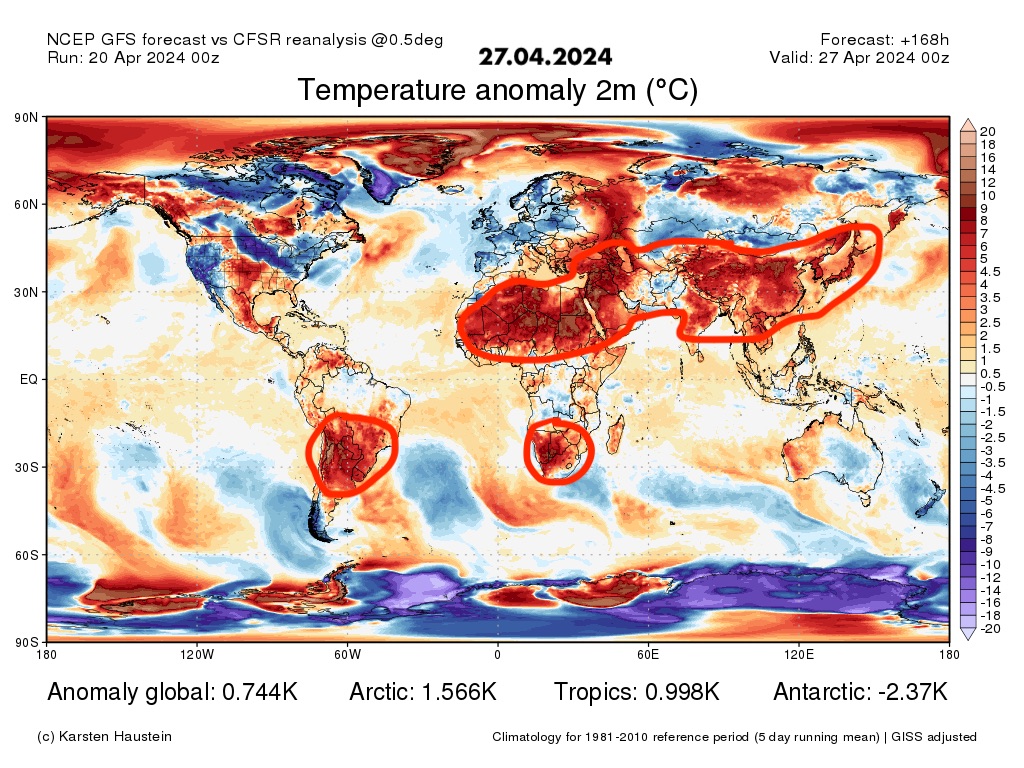 7-day forecast 20.04.2024

Warm cycle in the N Hemisphere  will be ongoing 
With our favorite #heatblob SUPERSTAR 
Covering from a crazy warm N #Africa  to SE Asia

S of #SouthAmerica , #SouthAfrica will join the nonsense 

#ClimateCrisis  #ClimateChange #heatwave