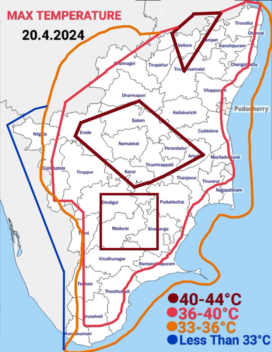 Today 20.4.2024 

Max Temperature Forecast 

40-44°C:Vellore-Tiruttani Belt, Erode-Salem-Karu-Trichy Belt and Madurai-Dindugal-Sivagangai Belt 

36-40°C:Most Parts of TamilNadu including #Chennai City and it's Suburbs
#Summer2024 #TNWeather
youtu.be/xfOYhjTjo1Y?si…